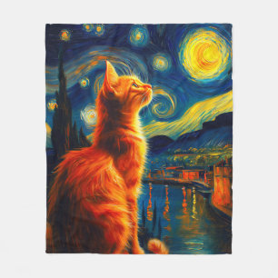 Cobertor De Velo Gato Ruivo Contemplativo Céu Noturno Estrelado