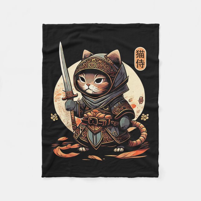 Cobertor De Velo Gato Samurai Cat Tattoo Kawaii Ninja (Frente)