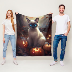 Cobertor De Velo Gato Siames de Halloween com Abóboras Assustadoras