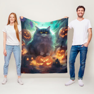 Cobertor De Velo Gato Siberiano de Halloween com Abóboras Assustado