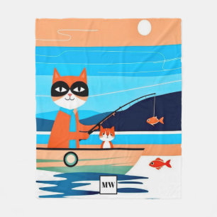 Cobertor De Velo Gatos abstrato que pescam num monograma de barcos
