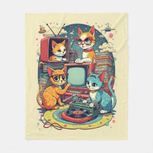 Cobertor De Velo Gatos de Meados do Século com Discos e TV Retrô