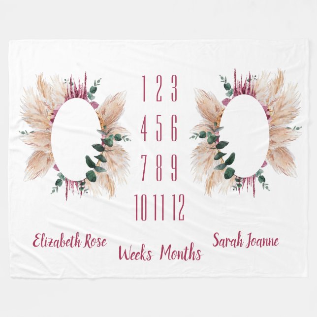 Cobertor De Velo Gêmeos Milestone Baby Blanket Pampas e Eucalyptus (Frente (Horizontal))