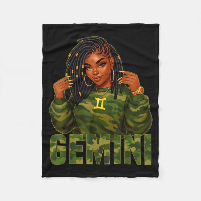 Cobertor De Velo Gemini Queen Loc'd Black Woman Camo Zodiac Sign  (Frente)