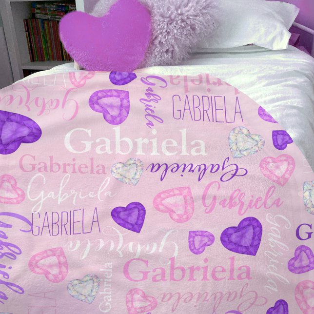 Cobertor De Velo Gemstones hearts custom name pastel pink purple (Criador carregado)