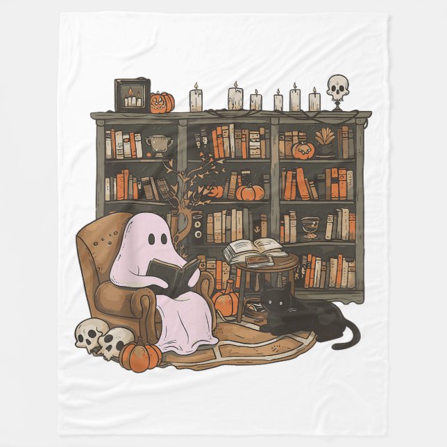 Cobertor De Velo Ghost Reading Book Cat lover Halloween (Frente)