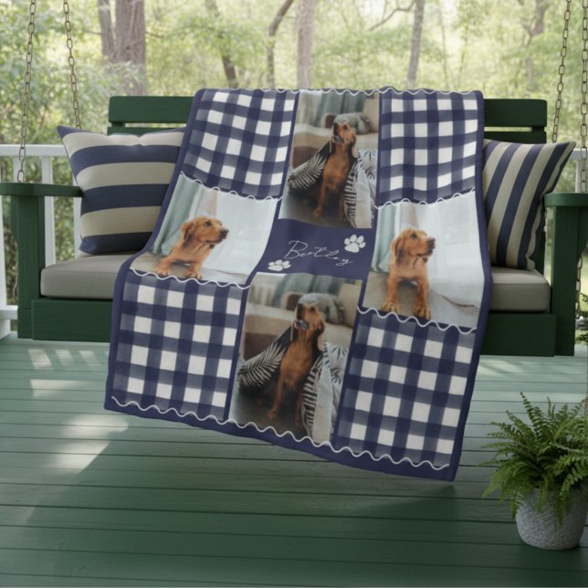 Cobertor De Velo Gingham Squiggle Pet Four Photo Grid (Cozy up with your favorite photos with this Gingham Squiggle Pet Four Photo Grid Fleece Blanket!)