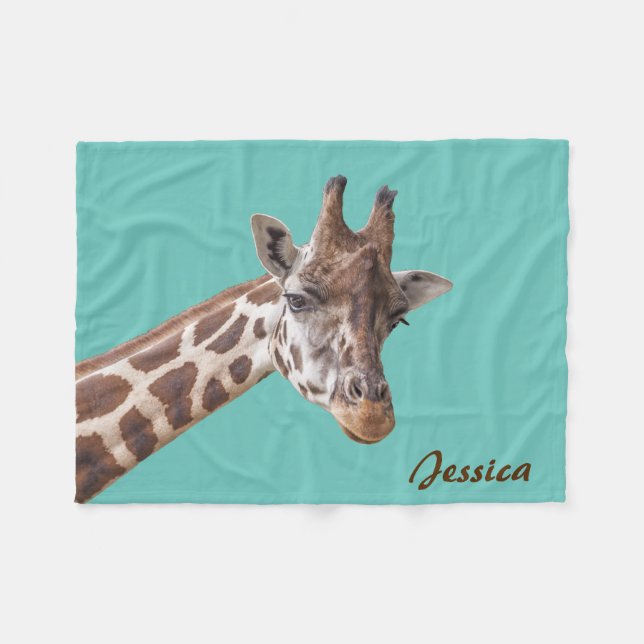 Cobertor De Velo Giraffe Animal em Nome Teal Personalizado (Frente (Horizontal))
