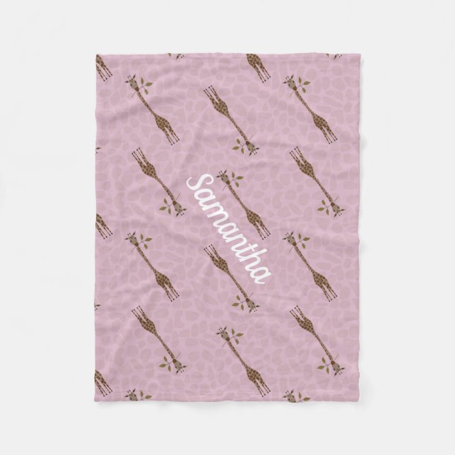 Cobertor De Velo Giraffe Safari Nome Personalizado Bebê Rosa (Frente)