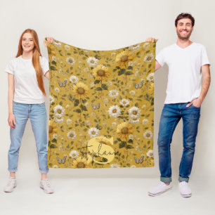 Cobertor De Velo Girassóis e Borboletas em Fundo Amarelo