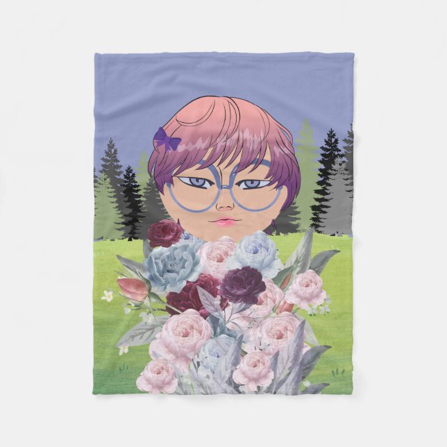 COBERTOR DE VELO GIRL ANIME , COM FLORES (Frente)