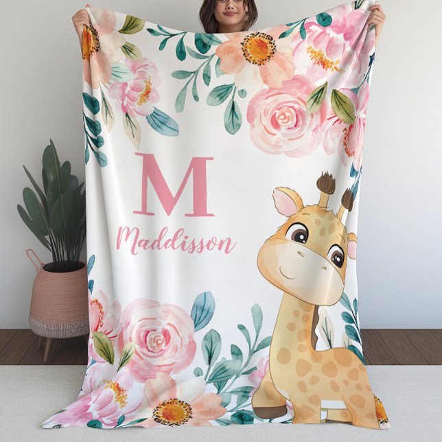 Cobertor De Velo Girls Blanket Floral com Giraffe Monograma (Girls Blanket Floral with Giraffe Monogram (L))