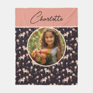 Cobertor De Velo Girls Floral Unicorn Foto Personalizada com Nome