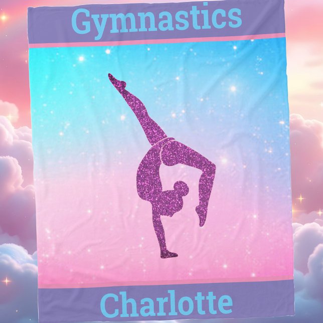 Cobertor De Velo Girls Gymnastics Leap Pastel Fleece Blanket (Pink Purple Blue Gradient Magical Gymnastics Personalized Blanket with Name)