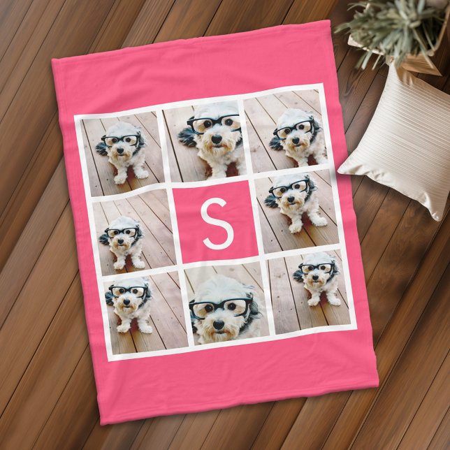 Cobertor De Velo Girly Hot Pink 8 Photo Collage White Monograma (Personalized fleece blanket with 8 photos and a monogram)