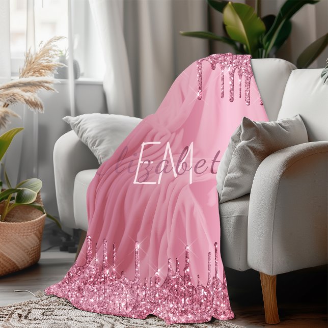 Cobertor De Velo Glitter Monograma Personalizada com Efeito de Gote (Blush Pink Metal Dripping Glitter Monogram Name Fleece Blanket)