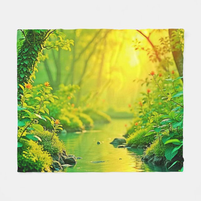Cobertor De Velo Golden Forest Stream Peaceful Art (Frente (Horizontal))