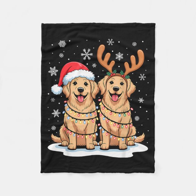 Cobertor De Velo Golden Retriever Christmas Santa Hat Reindeer Ligh (Frente)