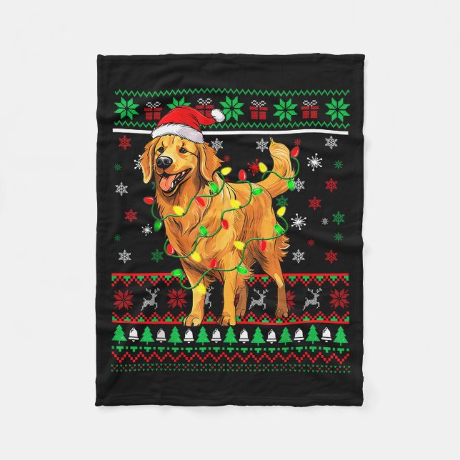 Cobertor De Velo Golden Retriever Christmas Santa Hat Tree Lights P (Frente)