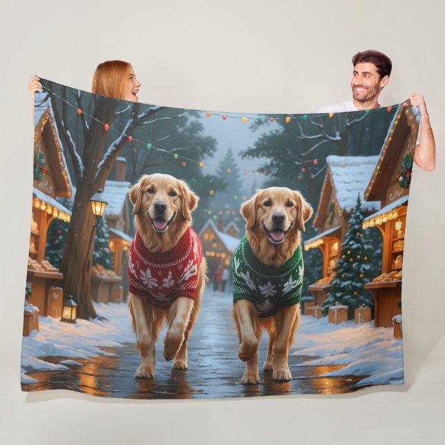 Cobertor De Velo Golden Retriever Dogs Christmas Snow Holiday (In Situ)