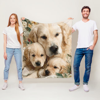 Cobertor De Velo Golden Retriever Family Puppies Vintage Christmas