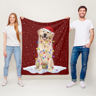 Cobertor De Velo Golden retriever Santa Christmas Tree Lights Xmas