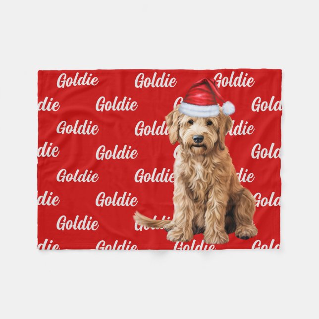 Cobertor De Velo Goldendoodle em Vermelho com Nome Cão de Natal (Frente (Horizontal))