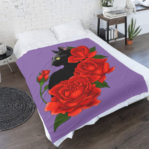 Cobertor De Velo Gótico Gato Preto Rosas Vermelhas Roxo