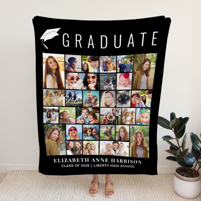 Cobertor De Velo Graduation Photo Collage Black (Graduation Photo Collage Black Fleece Blanket)