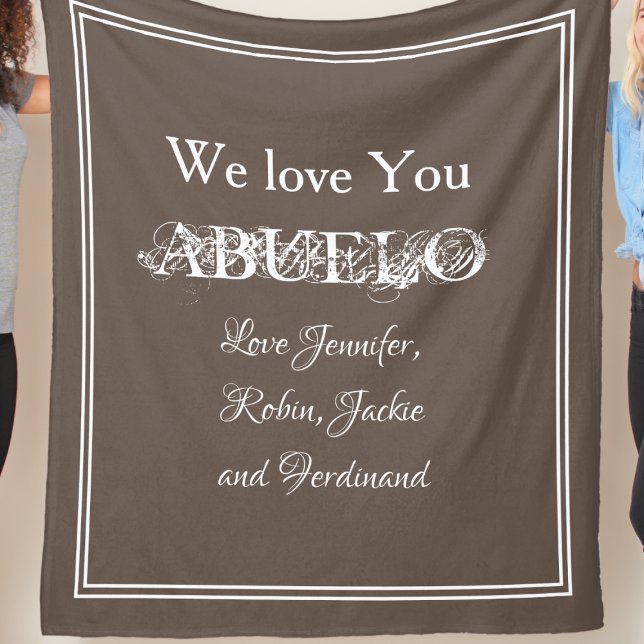 Cobertor De Velo Grandfather Custom Grandkids Names Love You ABUELO ("We Love You ABUELO' - personalized light brown fleece blanket.)