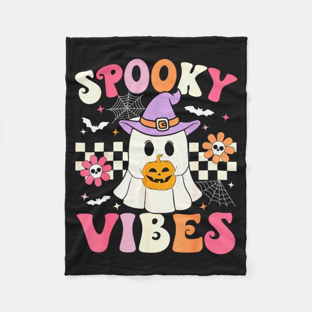 Cobertor De Velo Groovy Soky Vibes Retro Ghost Holding Pumpkin Hall (Frente)