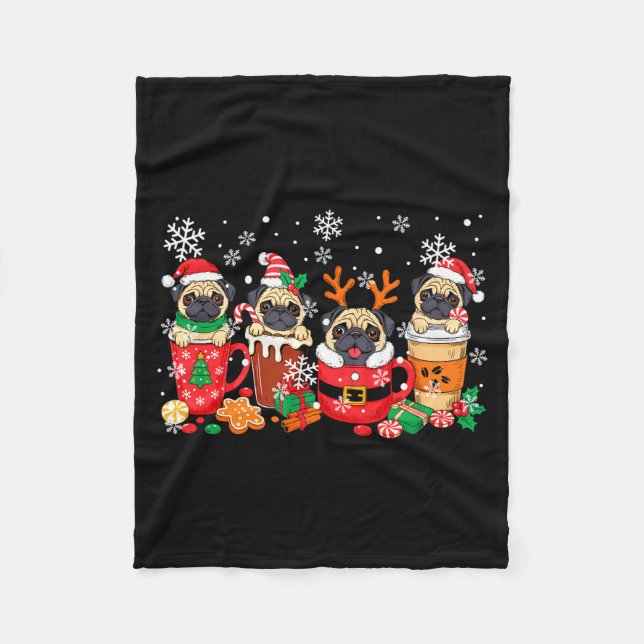 Cobertor De Velo Group Santa Reindeer Pugs In Coffee C Christmas  (Frente)