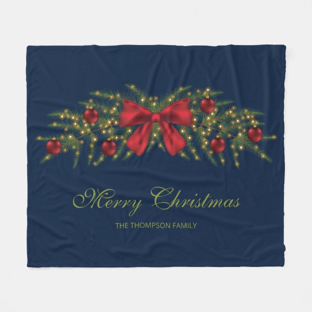 Cobertor De Velo Guirlanda de Natal Com Um Laço Vermelho e Enfeites (Frente (Horizontal))