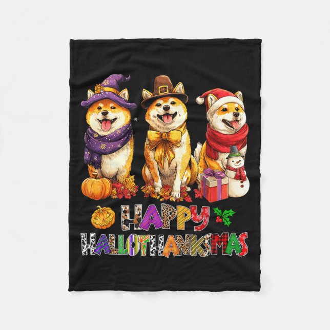 Cobertor De Velo Hallothanksmas Shiba Dogs Halloween Christmas Pump (Frente)