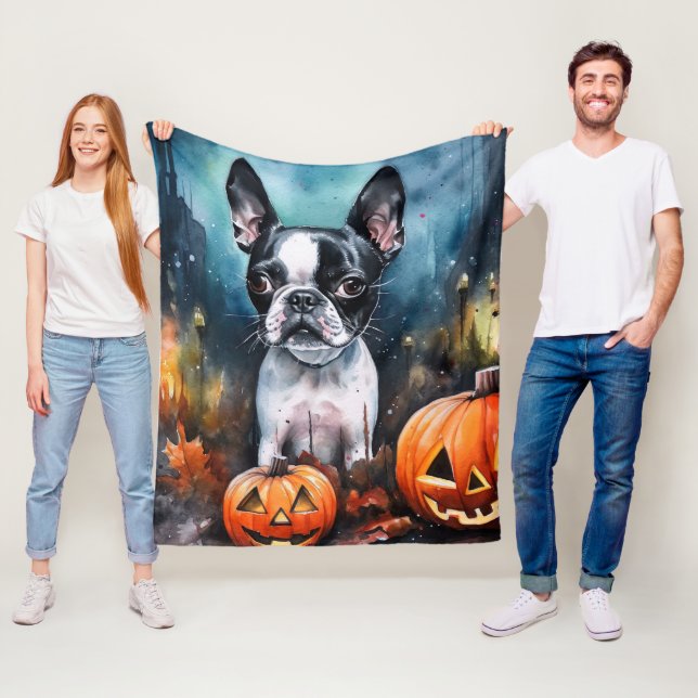 Cobertor De Velo Halloween Boston Terrier Com Pumpkins Assustado (In Situ)