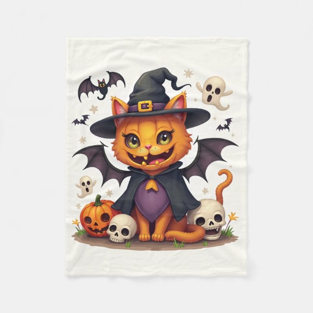 Cobertor De Velo Halloween Bruxa Gato Fleece Blanket (Frente)