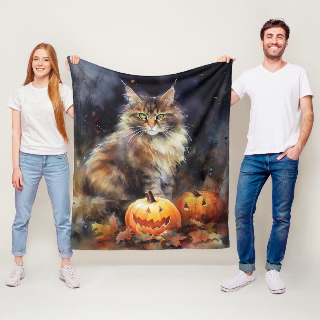 Cobertor De Velo Halloween Maine Coon Cat Com Pumpkins Assustado (In Situ)