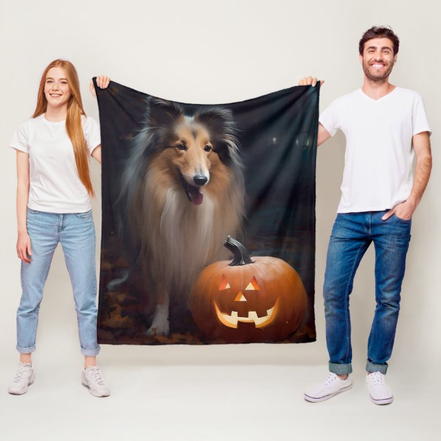 Cobertor De Velo Halloween Rough Collie Com Pumpkins Assustado (In Situ)