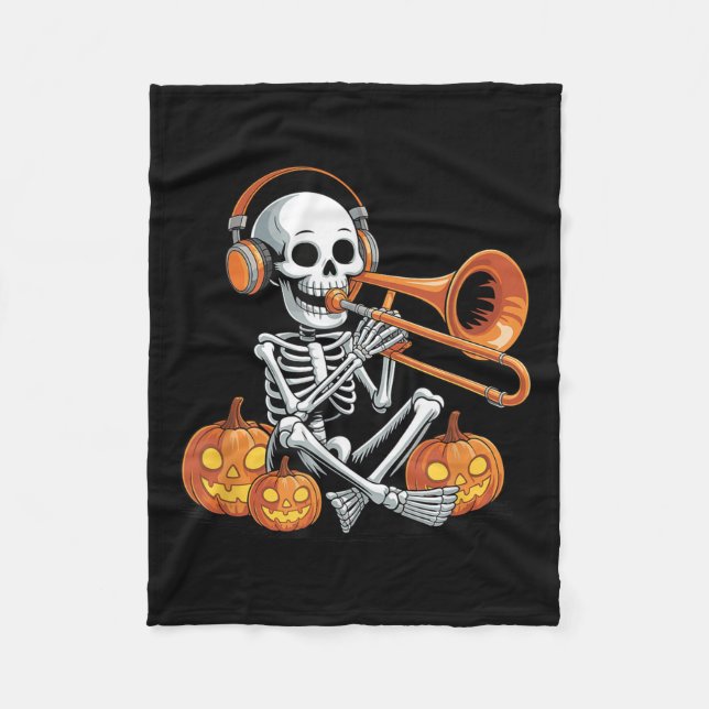 Cobertor De Velo Halloween Skeleton Trombone Trombonist  (Frente)