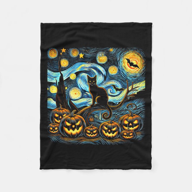 Cobertor De Velo Halloween Van Gogh Starry Night Pumpkin Black Cat  (Frente)