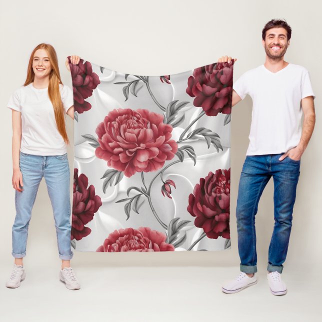 Cobertor De Velo Hand-Drawn Peony Fleece Blanket – Elegant Crimson  (In Situ)