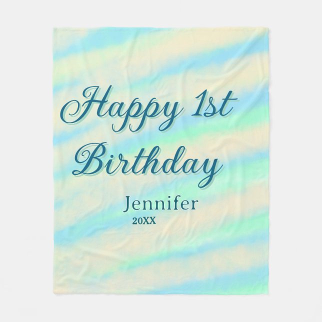 Cobertor De Velo Happy 1st birthday kids baby blue green pastel ret (Frente)