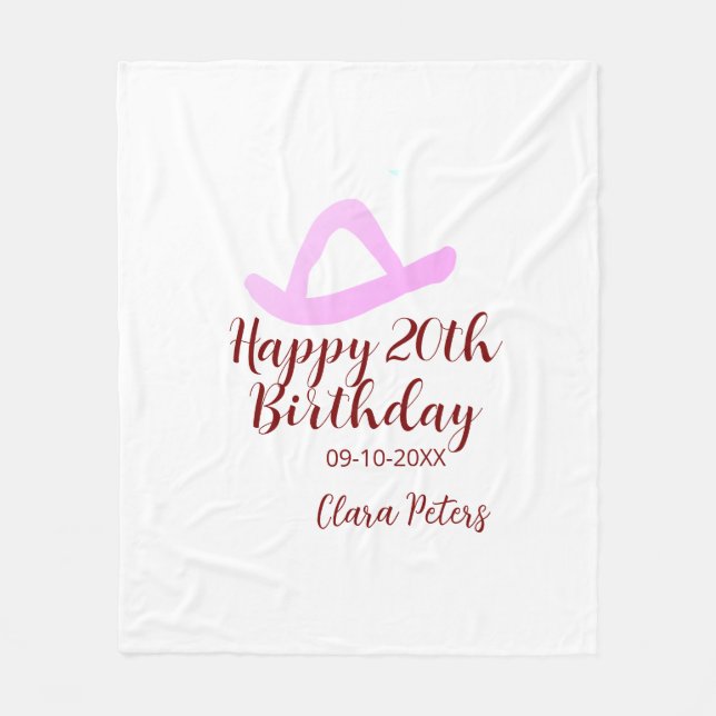 Cobertor De Velo Happy 20th birthday pink cowboy girl name date sim (Frente)