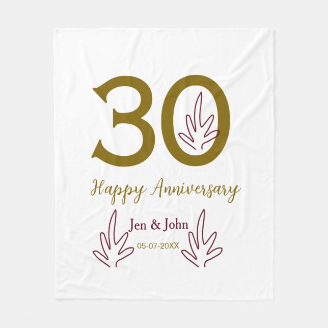 Cobertor De Velo Happy 30th anniversary name date golden red leaf (Frente)