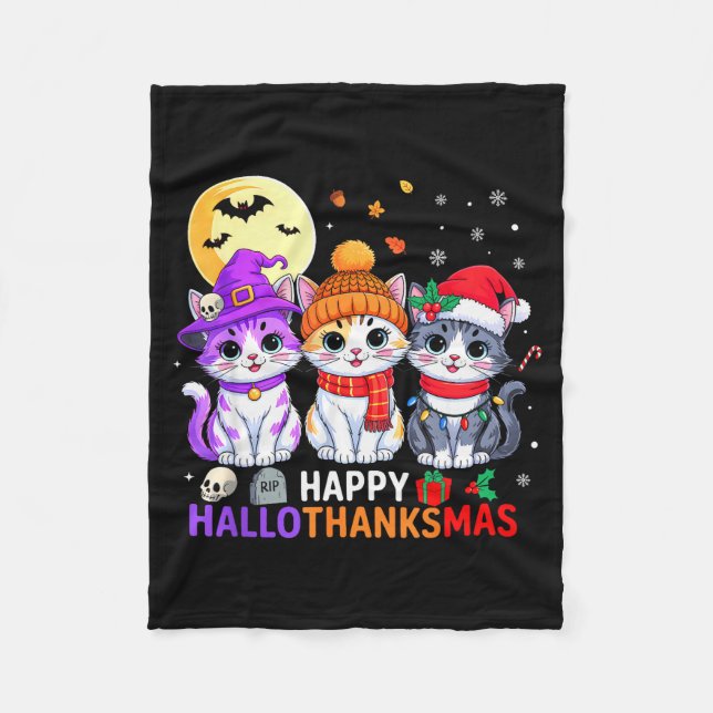Cobertor De Velo Happy Hallothanksmas Cats Halloween Thanksgiving C (Frente)