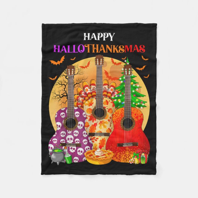 Cobertor De Velo Happy Hallothanksmas Guitar Halloween Thanksgiving (Frente)