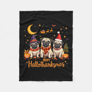 Cobertor De Velo Happy Hallothanksmas Pug Dogs Halloween Thanksgivi