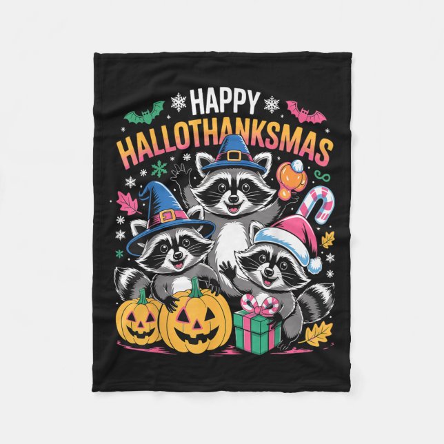 Cobertor De Velo Happy Hallothanksmas Raccoon Halloween Merry Chris (Frente)