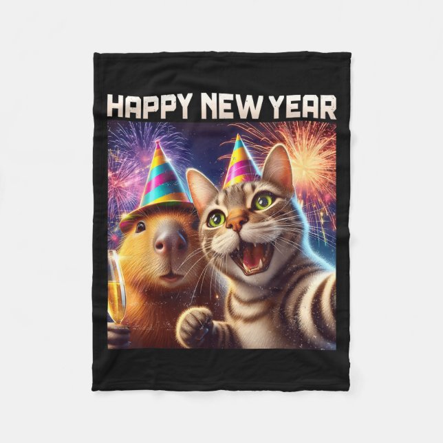 Cobertor De Velo Happy New Year 2026 Cute Cat Capybara Party Art  (Frente)