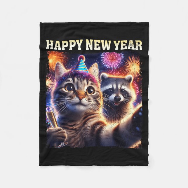 Cobertor De Velo Happy New Year 2026 Cute Cat Raccoon Celebration  (Frente)